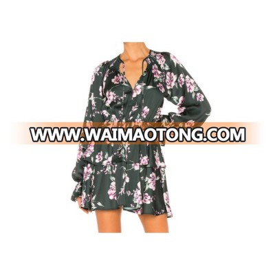 Custom floral printing poly satin long sleeve ruffle dress for women