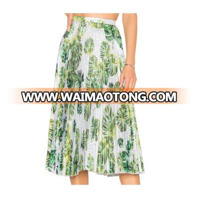 High quality ladies custom floral printed satin pleated skirt