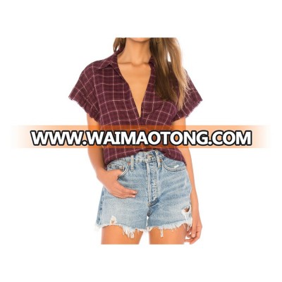 New women wear frayed sleeve hem short sleeves cotton plaid shirts