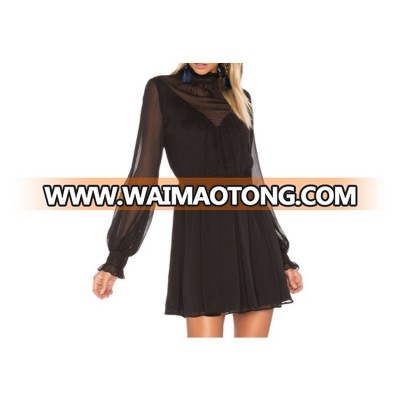 Custom China clothing  smocked neck sheer long sleeves lady casual dresses