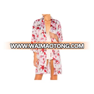 Custom women garments factory floral printed wrap front Charmeuse kimono robe