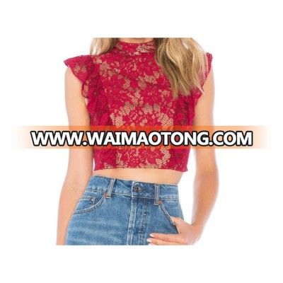 Wholesale China clothing Women Crop length ruffle trim lace tank top