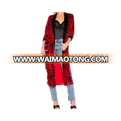 New arrival floral printed velvet Open front red long robe