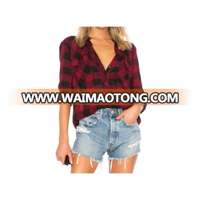 Hot sell garments Fringe hem Two Chest flap pockets women plaid flannel shirts