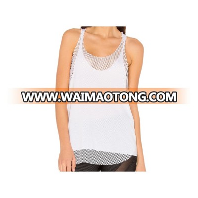 New fashion design Women wear Nylon mesh two layers raw cut tank