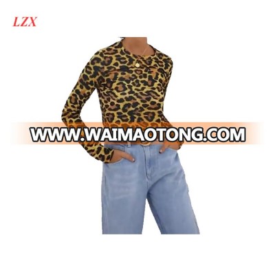 Chinese Factory New Design Long Sleeves Leopard Print Top